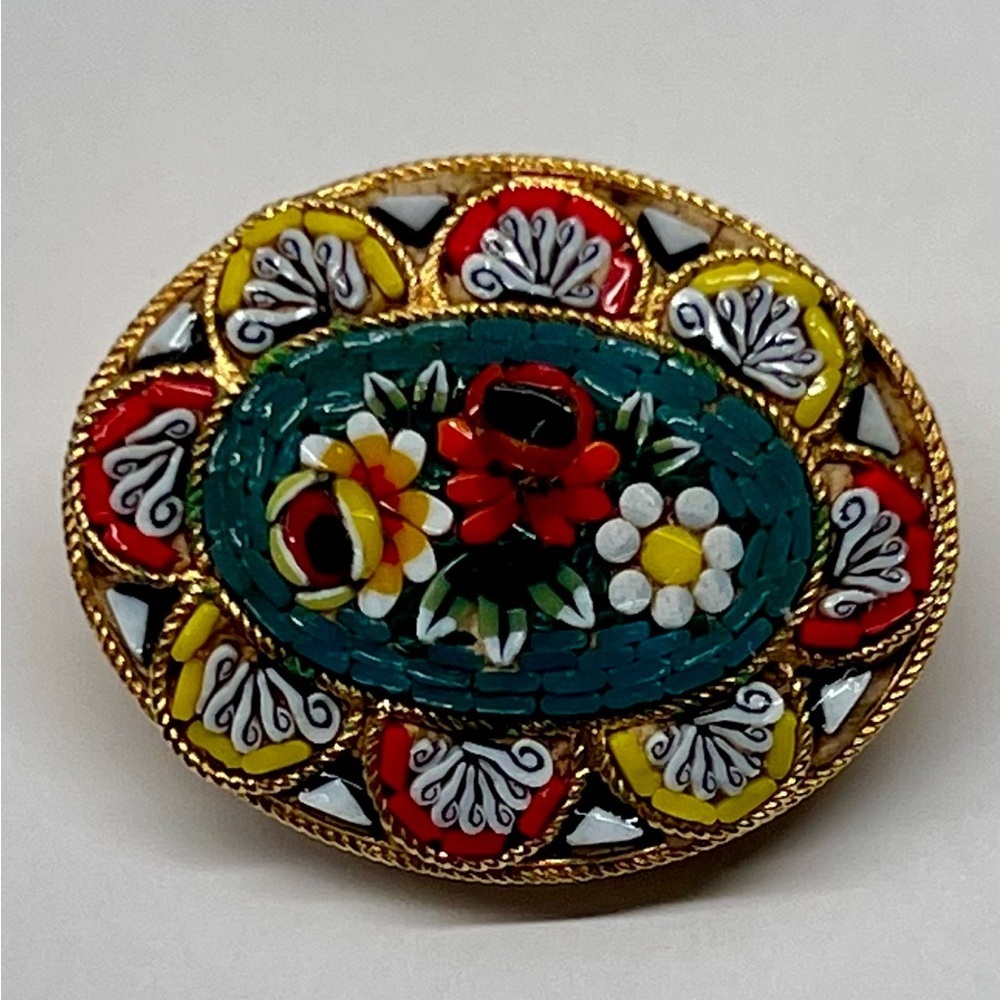 Micro-Mosaic Oval Floral Pin Brooch - Vintage Italian